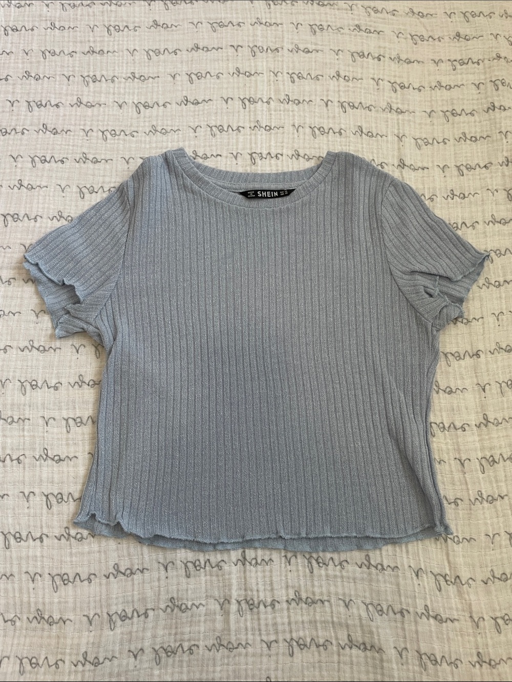 SHEIN Light Blue Ribbed Short Sleeve Lettuce Hem Top